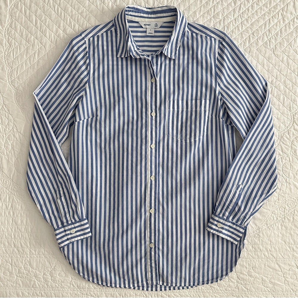 Old Navy Blue White Striped Tunic Shirt Button Down Blouse Women’s Small - Picture 3 of 10